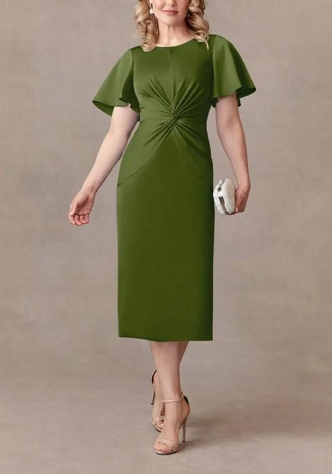 Olive Green Sheath Pleated Thin Satin Dress