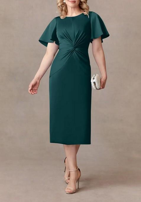 Dark Green Sheath Pleated Thin Satin Dress