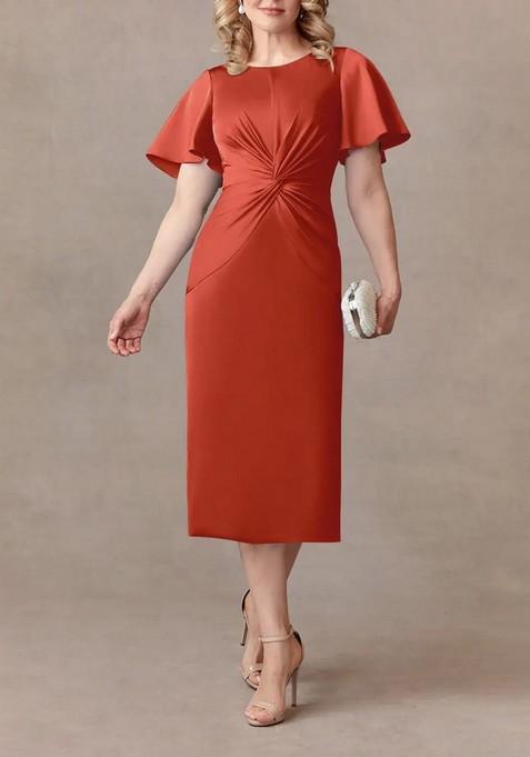 Rust Sheath Pleated Thin Satin Dress