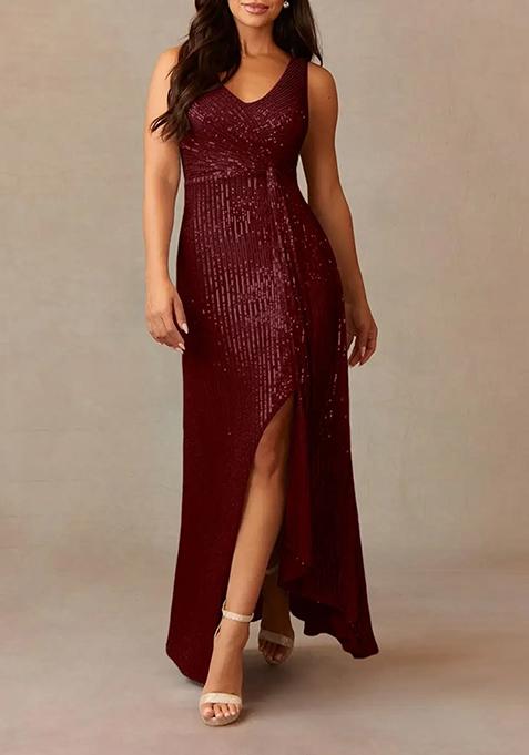 Burgundy Sheath V-Neck Stretchable Sequin Mesh Gown