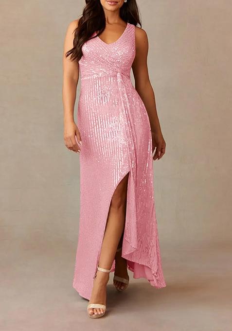 Blush Pink Sheath V-Neck Stretchable Sequin Mesh Gown