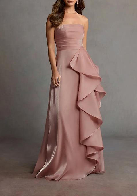 Pink Off Shoulder Handkerchief Organza Gown