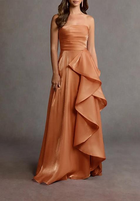 Burnt Orange Off Shoulder Handkerchief Organza Gown