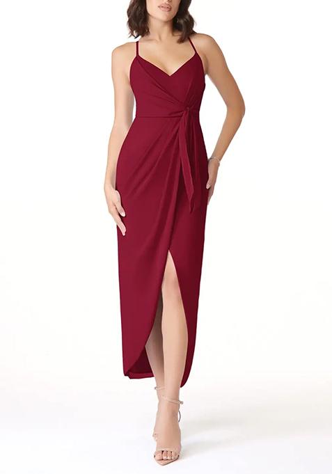 Burgundy Fitted Ruched Stretch Crepe Gown