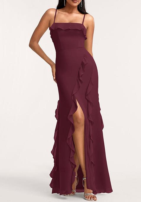 Purple A-line Square Neck Ruffled Georgette Gown