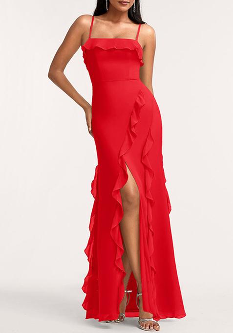 Red A-line Square Neck Ruffled Georgette Gown