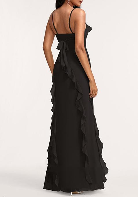 Black A-line Square Neck Ruffled Georgette Gown