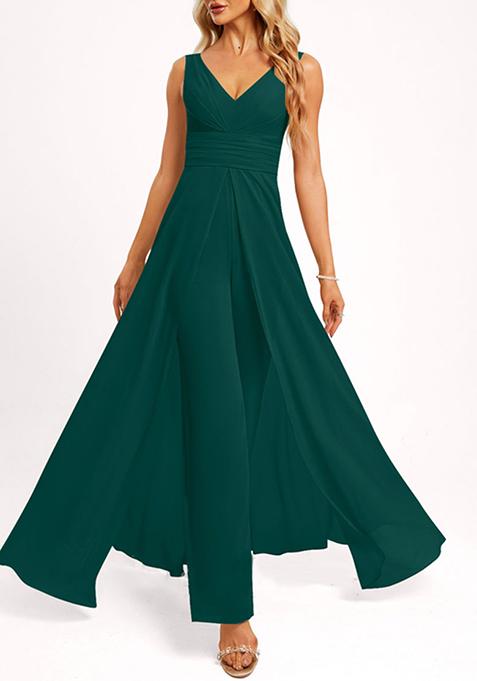 Dark Green V-Neck Floor-Length Georgette Jumpsuit