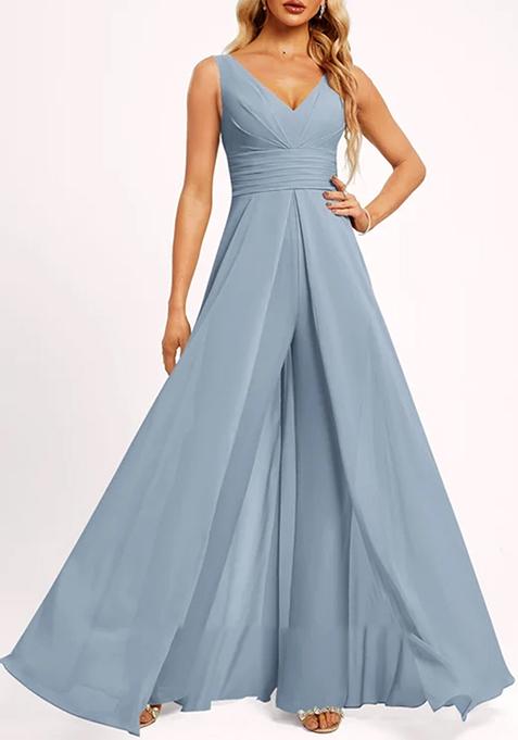 Dusty Blue V-Neck Floor-Length Georgette Jumpsuit