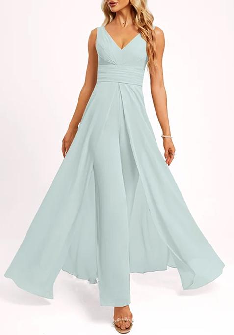 Sky Blue V-Neck Floor-Length Georgette Jumpsuit