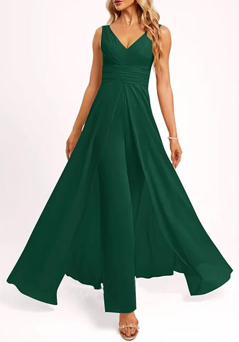 Dark Green V-Neck Floor-Length Georgette Jumpsuit