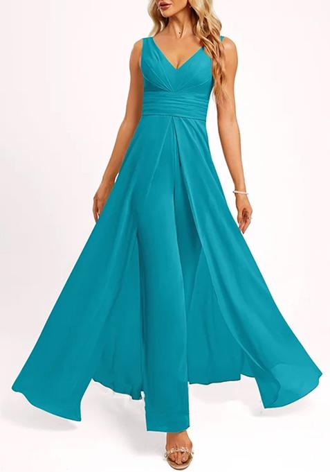 Blue V-Neck Floor-Length Georgette Jumpsuit