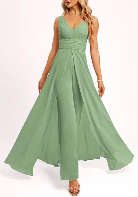 Green V-Neck Floor-Length Georgette Jumpsuit