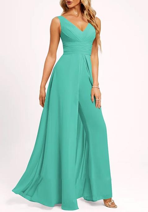 Light Green V-Neck Floor-Length Georgette Jumpsuit