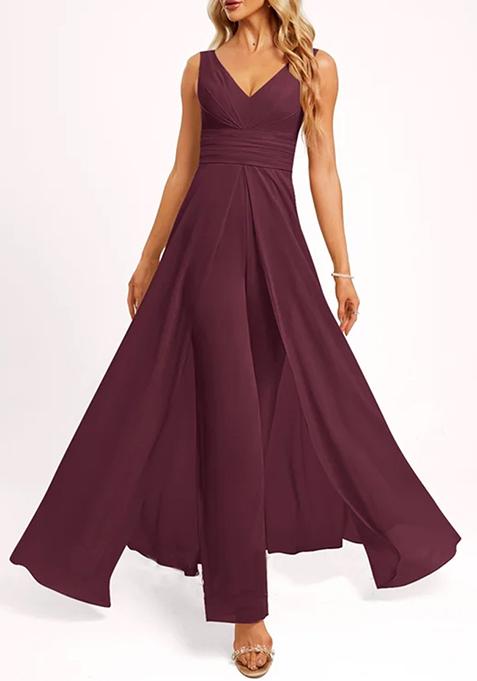 Purple V-Neck Floor-Length Georgette Jumpsuit