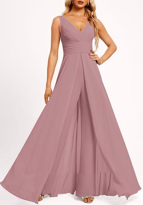 Mauve V-Neck Floor-Length Georgette Jumpsuit