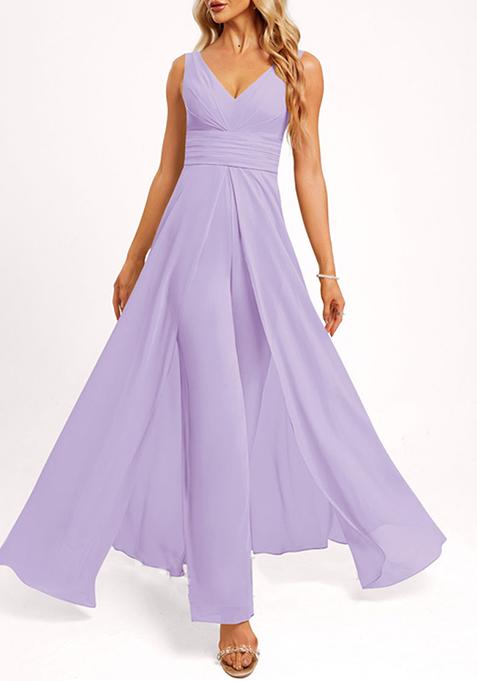 Lilac V-Neck Floor-Length Georgette Jumpsuit