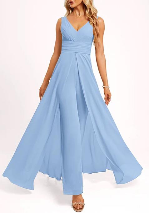 Light Blue V-Neck Floor-Length Georgette Jumpsuit