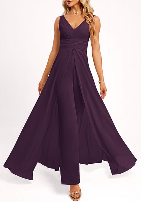 Grape Purple V-Neck Floor-Length Georgette Jumpsuit