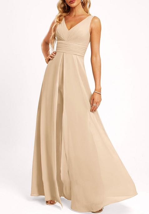 Cream V-Neck Floor-Length Georgette Jumpsuit