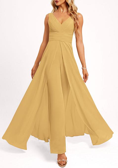 Golden V-Neck Floor-Length Georgette Jumpsuit