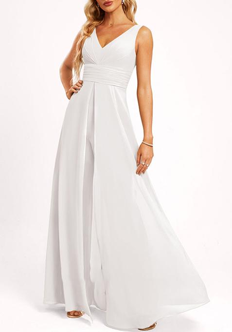 Ivory V-Neck Floor-Length Georgette Jumpsuit