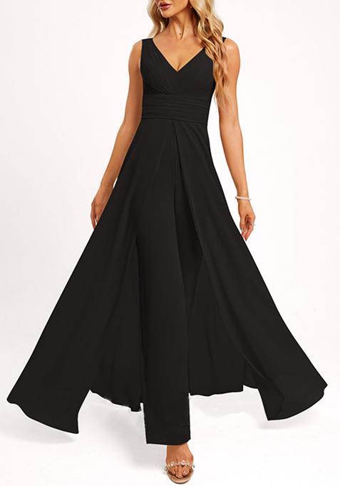 Black V-Neck Floor-Length Georgette Jumpsuit