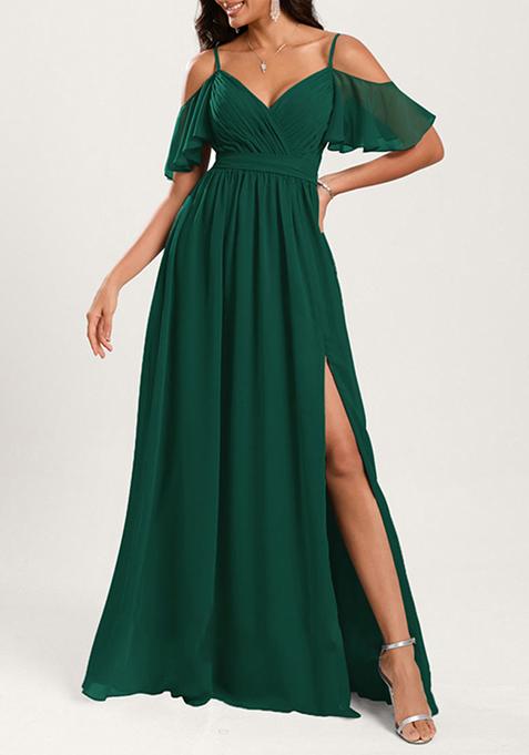 Dark Green A-line Cold Shoulder Floor-Length Georgette Gown