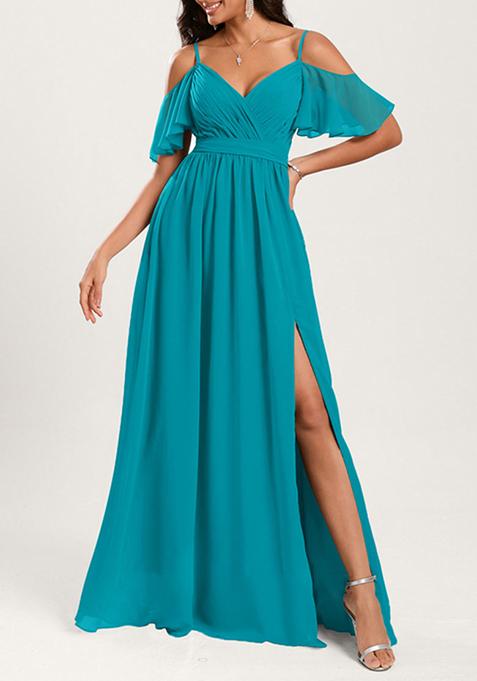 Blue A-line Cold Shoulder Floor-Length Georgette Gown