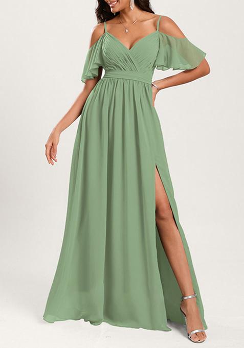 Green A-line Cold Shoulder Floor-Length Georgette Gown