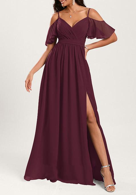 Purple A-line Cold Shoulder Floor-Length Georgette Gown