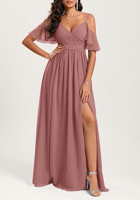 Desert Rose A-line Cold Shoulder Floor-Length Georgette Gown