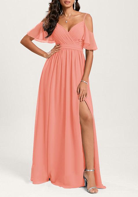 Coral A-line Cold Shoulder Floor-Length Georgette Gown