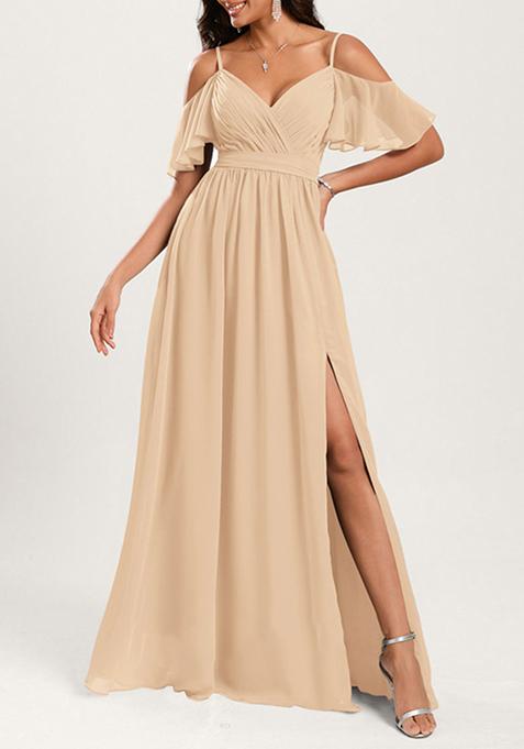 Cream A-line Cold Shoulder Floor-Length Georgette Gown