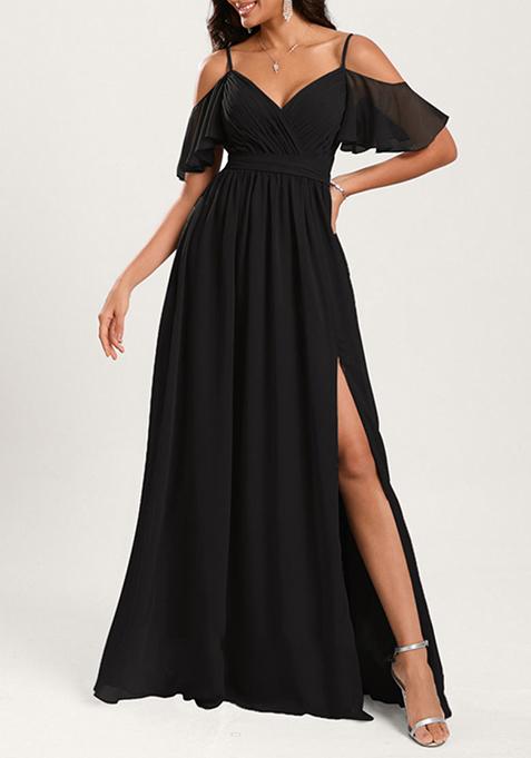 Black A-line Cold Shoulder Floor-Length Georgette Gown