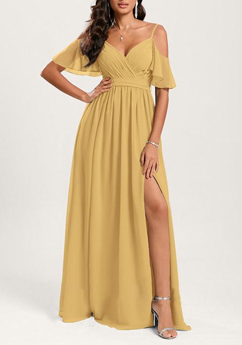 Golden A-line Cold Shoulder Floor-Length Georgette Gown