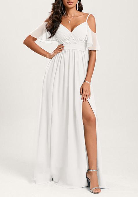 Ivory A-line Cold Shoulder Floor-Length Georgette Gown