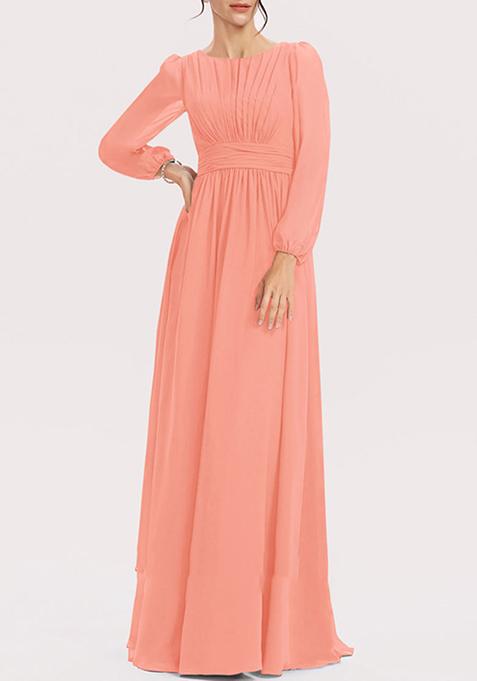 Coral A-line Scoop Floor-Length Georgette Gown