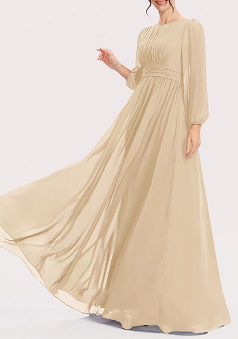 Cream A-line Scoop Floor-Length Georgette Gown