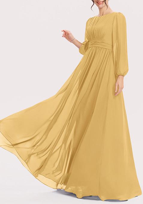 Golden A-line Scoop Floor-Length Georgette Gown