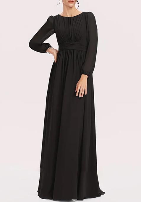 Black A-line Scoop Floor-Length Georgette Gown