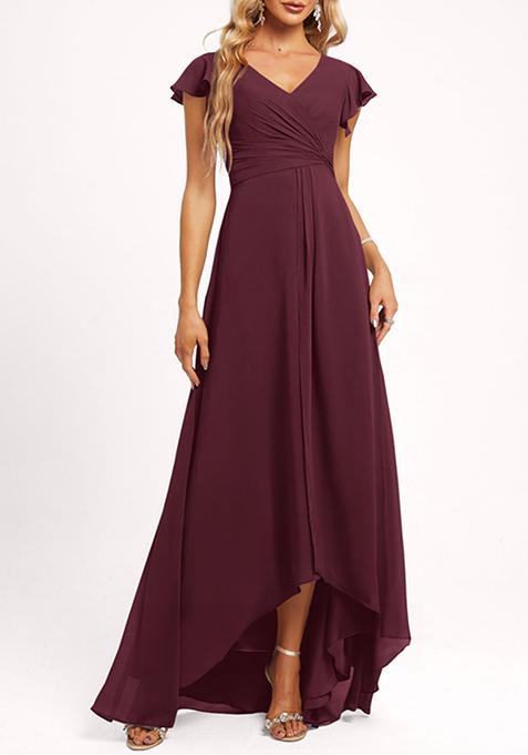 Purple A-line V-Neck Asymmetrical Georgette Gown