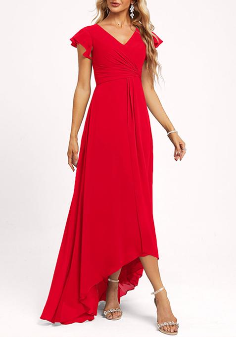 Red A-line V-Neck Asymmetrical Georgette Gown