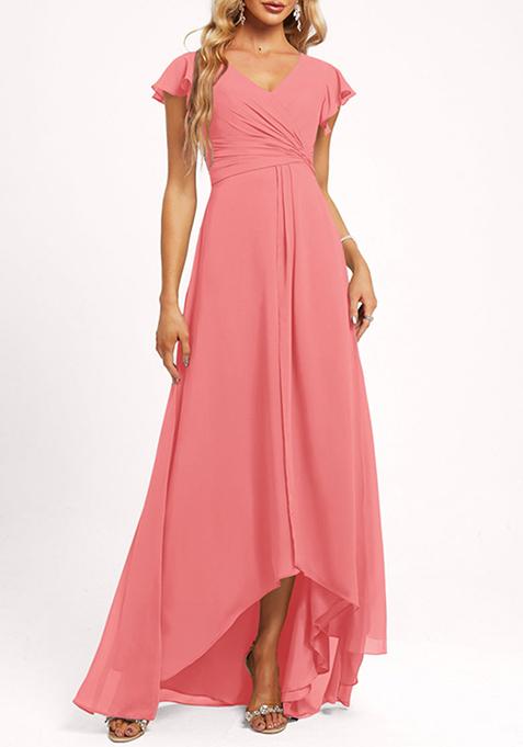 Red A-line V-Neck Asymmetrical Georgette Gown