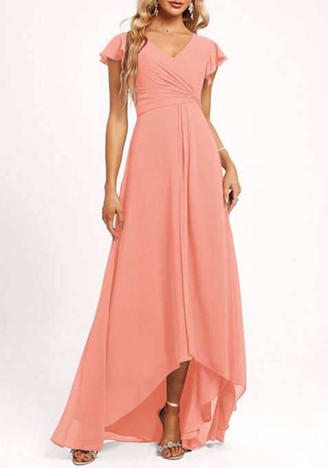 Coral A-line V-Neck Asymmetrical Georgette Gown