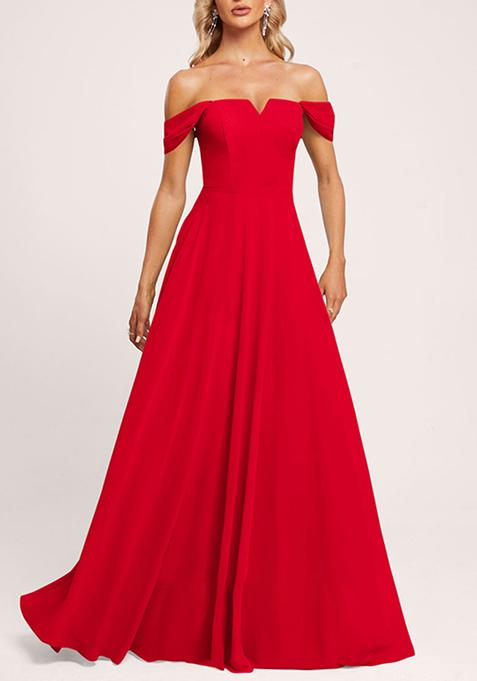 Red A-line Off the Shoulder Floor-Length Georgette Gown