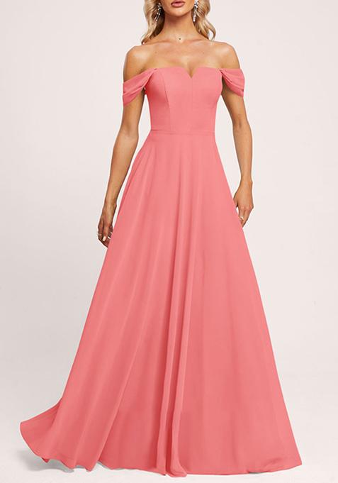 Red A-line Off the Shoulder Floor-Length Georgette Gown