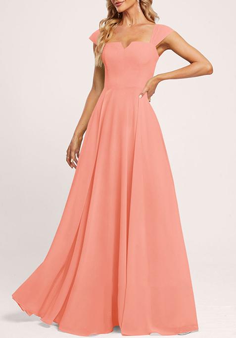 Coral A-line Off the Shoulder Floor-Length Georgette Gown