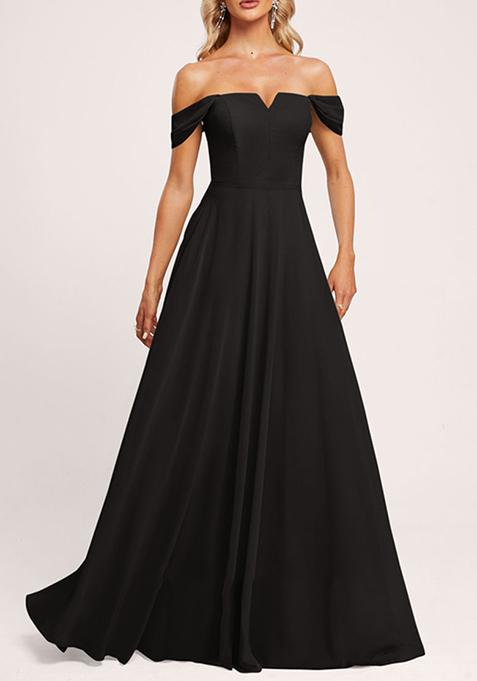 Black A-line Off the Shoulder Floor-Length Georgette Gown