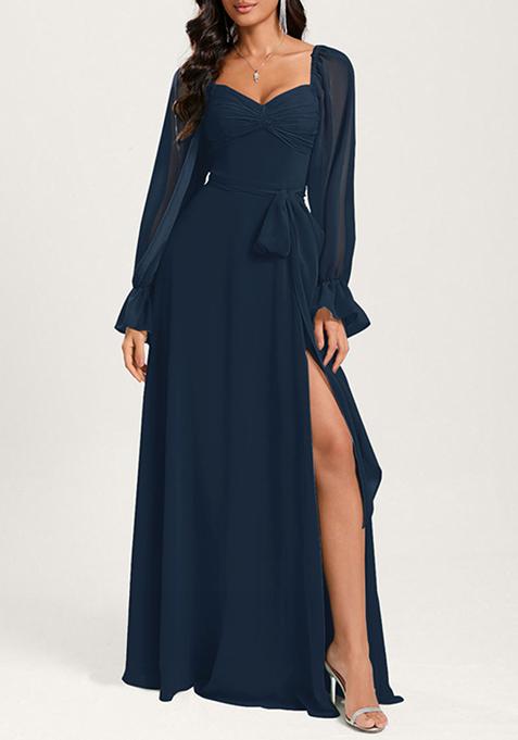 Dark Navy Ruffled A-line Off the Shoulder Sweetheart V-Neck Chiffon Gown